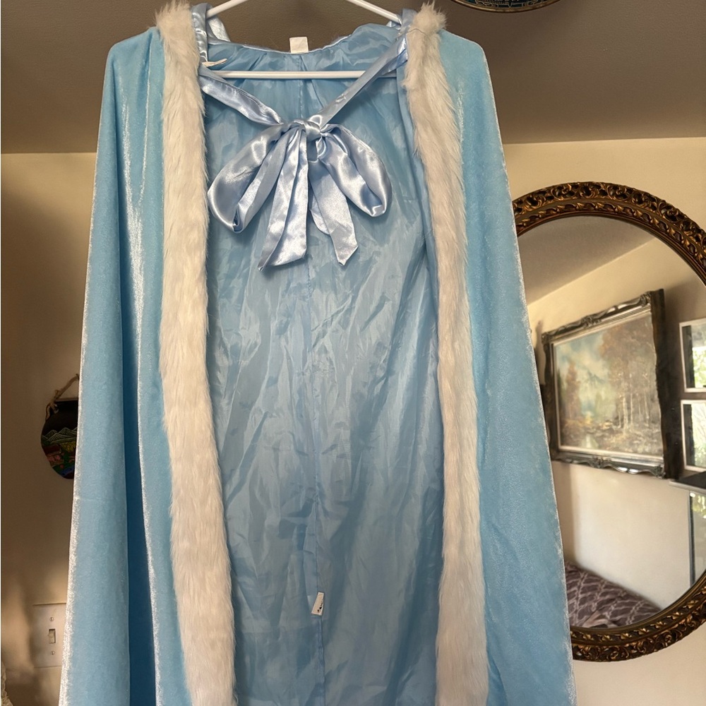 Blue Winter Princess Cape – Faux Fur Trim, Satin Ties, Hood (Adult S)